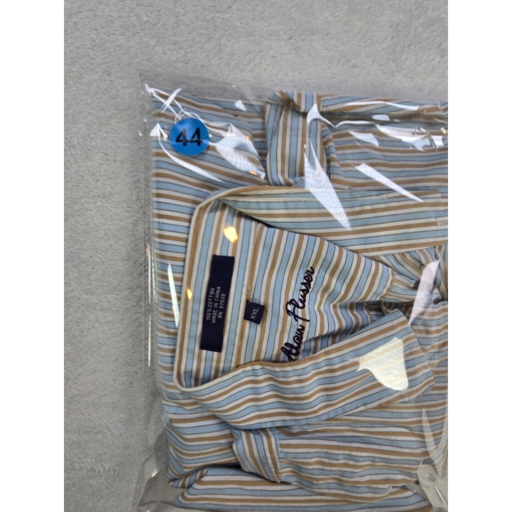 Alan Flusser Men's XXL Striped Dress Shirt Blue Tan Cotton Button Up Classic Fit - Picture 7 of 7